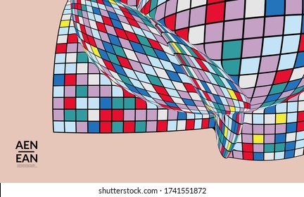Square pixel mosaic distorted shape. Black wire frame over flat retro colors. Abstract air balloon vector background.