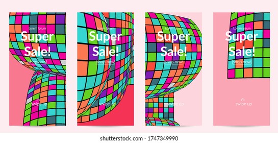 Square pixel mosaic distorted shape. Black wire frame over flat retro colors. Abstract air balloon vector background.