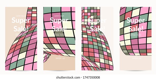 Square pixel mosaic distorted shape. Black wire frame over flat retro colors. Abstract air balloon vector background.