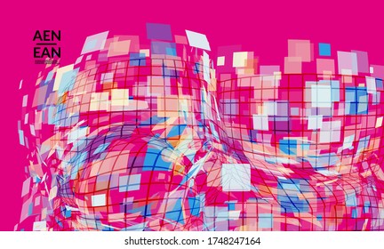 Square pixel mosaic distorted shape. Transparent overlapping squatters create dynamic movement effect. Abstract air balloon vector background.