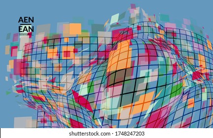Square pixel mosaic distorted shape. Transparent overlapping squatters create dynamic movement effect. Abstract air balloon vector background.