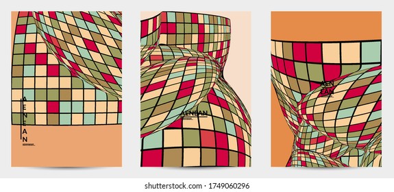 Square pixel mosaic distorted shape. Black wire frame over flat retro colors. Abstract air balloon vector background.
