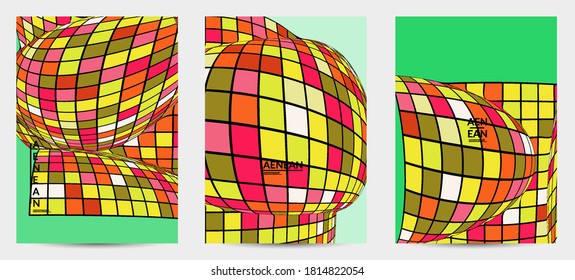 Square pixel mosaic distorted shape. Black wire frame over flat retro colors. Abstract air balloon vector background.