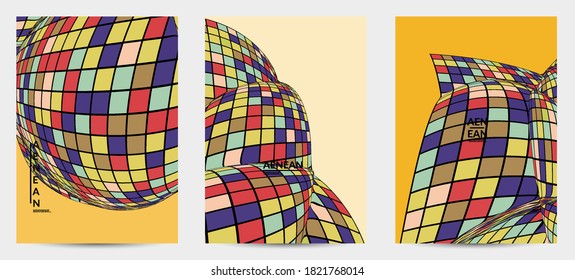 Square pixel mosaic distorted shape. Black wire frame over flat retro colors. Abstract air balloon vector background.