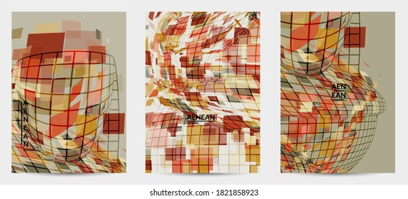Square pixel mosaic distorted shape. Transparent overlapping squatters create dynamic movement effect. Abstract air balloon vector background.