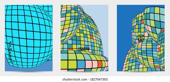 Square pixel mosaic distorted shape. Black wire frame over flat retro colors. Abstract air balloon vector background.