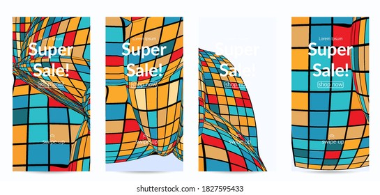Square pixel mosaic distorted shape. Black wire frame over flat retro colors. Abstract air balloon vector background.