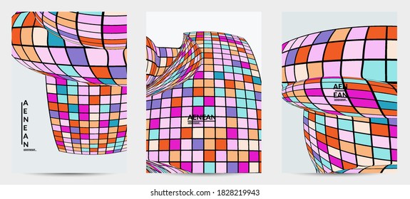 Square pixel mosaic distorted shape. Black wire frame over flat retro colors. Abstract air balloon vector background.