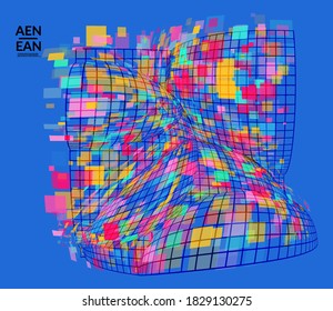 Square pixel mosaic distorted shape. Transparent overlapping squatters create dynamic movement effect. Abstract air balloon vector background