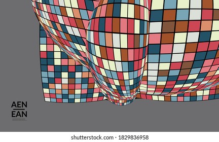 Square pixel mosaic distorted shape. Black wire frame over flat retro colors. Abstract air balloon vector background.