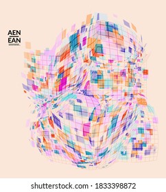 Square pixel mosaic distorted shape. Transparent overlapping squatters create dynamic movement effect. Abstract air balloon vector background