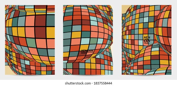 Square pixel mosaic distorted shape. Black wire frame over flat retro colors. Abstract air balloon vector background.
