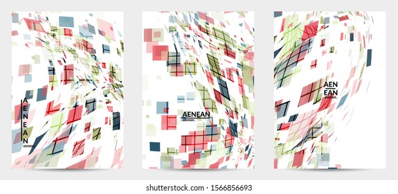 Square pixel multicolored mosaic on white. Transparent overlapping squatters create movement effect. Colorful dynamic geometry. Sport background.