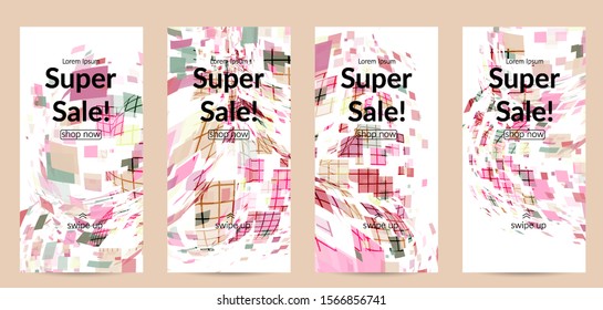 Square pixel multicolored mosaic on white. Transparent overlapping squatters create movement effect. Colorful dynamic geometry. Sport background.