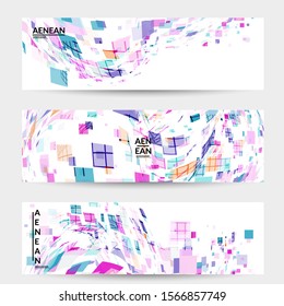 Square pixel multicolored mosaic on white. Transparent overlapping squatters create movement effect. Colorful dynamic geometry. Sport background.