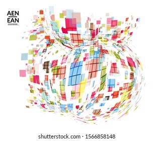 Square pixel multicolored mosaic on white. Transparent overlapping squatters create movement effect. Colorful dynamic geometry. Sport background.