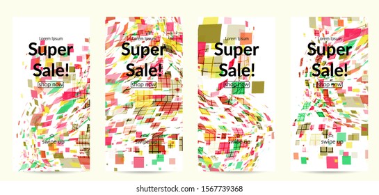 Square pixel multicolored mosaic on white. Transparent overlapping squatters create movement effect. Colorful dynamic geometry. Sport background.