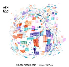 Square pixel multicolored mosaic on white. Transparent overlapping squatters create movement effect. Colorful dynamic geometry. Sport background.