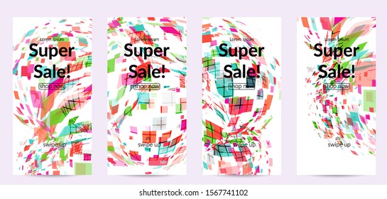 Square pixel multicolored mosaic on white. Transparent overlapping squatters create movement effect. Colorful dynamic geometry. Sport background.