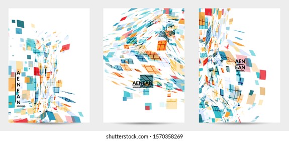 Square pixel multicolored mosaic on white. Transparent overlapping squatters create movement effect. Colorful dynamic geometry. Sport background.