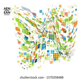 Square pixel multicolored mosaic on white. Transparent overlapping squatters create movement effect. Colorful dynamic geometry. Sport background.
