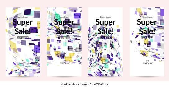 Square pixel multicolored mosaic on white. Transparent overlapping squatters create movement effect. Colorful dynamic geometry. Sport background.