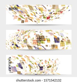 Square pixel multicolored mosaic on white. Transparent overlapping squatters create movement effect. Colorful dynamic geometry. Sport background.