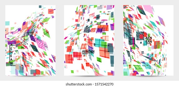 Square pixel multicolored mosaic on white. Transparent overlapping squatters create movement effect. Colorful dynamic geometry. Sport background.