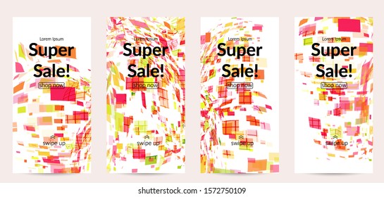 Square pixel multicolored mosaic on white. Transparent overlapping squatters create movement effect. Colorful dynamic geometry. Sport background.