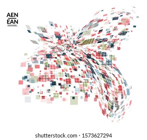 Square pixel multicolored mosaic on white. Transparent overlapping squatters create movement effect. Colorful dynamic geometry. Sport background.