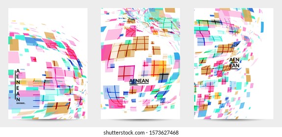 Square pixel multicolored mosaic on white. Transparent overlapping squatters create movement effect. Colorful dynamic geometry. Sport background.