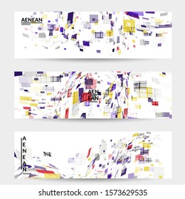 Square pixel multicolored mosaic on white. Transparent overlapping squatters create movement effect. Colorful dynamic geometry. Sport background.