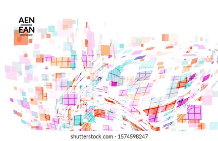 Square pixel multicolored mosaic on white. Transparent overlapping squatters create movement effect. Colorful dynamic geometry. Sport background.