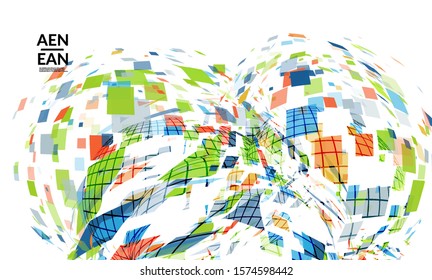 Square pixel multicolored mosaic on white. Transparent overlapping squatters create movement effect. Colorful dynamic geometry. Sport background.