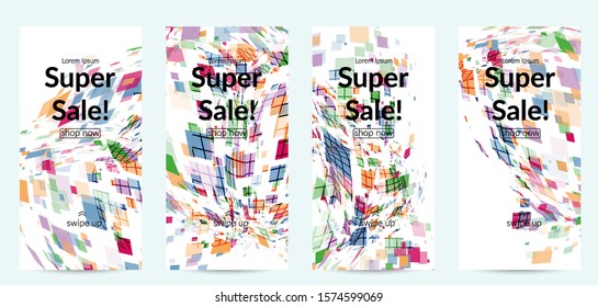 Square pixel multicolored mosaic on white. Transparent overlapping squatters create movement effect. Colorful dynamic geometry. Sport background.