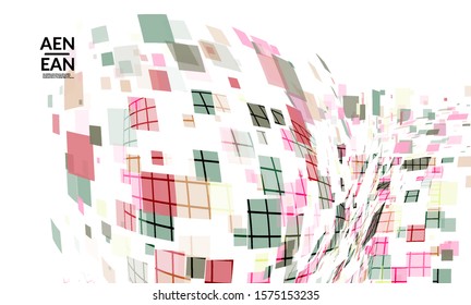 Square pixel multicolored mosaic on white. Transparent overlapping squatters create movement effect. Colorful dynamic geometry. Sport background.