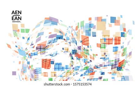 Square pixel multicolored mosaic on white. Transparent overlapping squatters create movement effect. Colorful dynamic geometry. Sport background.