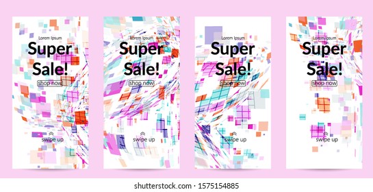 Square pixel multicolored mosaic on white. Transparent overlapping squatters create movement effect. Colorful dynamic geometry. Sport background.