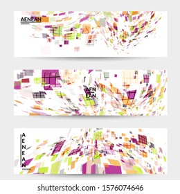 Square pixel multicolored mosaic on white. Transparent overlapping squatters create movement effect. Colorful dynamic geometry. Sport background.