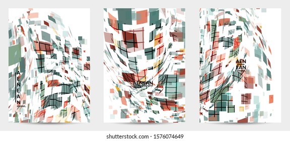 Square pixel multicolored mosaic on white. Transparent overlapping squatters create movement effect. Colorful dynamic geometry. Sport background.
