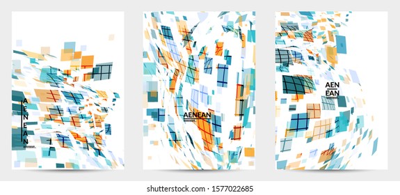 Square pixel multicolored mosaic on white. Transparent overlapping squatters create movement effect. Colorful dynamic geometry. Sport background.