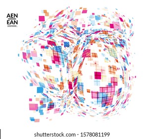 Square pixel multicolored mosaic on white. Transparent overlapping squatters create movement effect. Colorful dynamic geometry. Sport background.