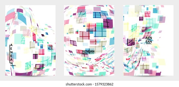 Square pixel multicolored mosaic on white. Transparent overlapping squatters create movement effect. Colorful dynamic geometry. Sport background.