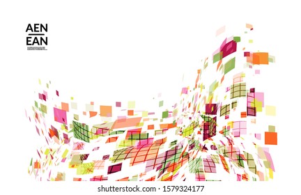Square pixel multicolored mosaic on white. Transparent overlapping squatters create movement effect. Colorful dynamic geometry. Sport background.
