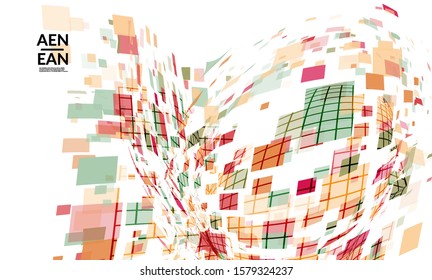 Square pixel multicolored mosaic on white. Transparent overlapping squatters create movement effect. Colorful dynamic geometry. Sport background.