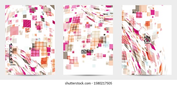Square pixel multicolored mosaic on white. Transparent overlapping squatters create movement effect. Colorful dynamic geometry. Sport background.