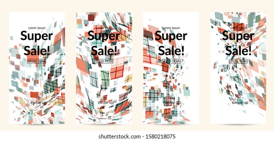 Square pixel multicolored mosaic on white. Transparent overlapping squatters create movement effect. Colorful dynamic geometry. Sport background.