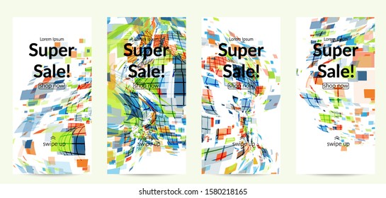 Square pixel multicolored mosaic on white. Transparent overlapping squatters create movement effect. Colorful dynamic geometry. Sport background.