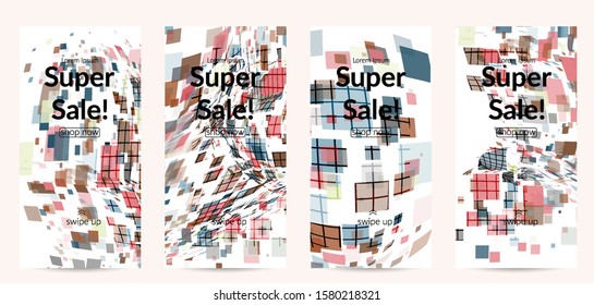 Square pixel multicolored mosaic on white. Transparent overlapping squatters create movement effect. Colorful dynamic geometry. Sport background.
