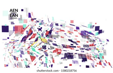 Square pixel multicolored mosaic on white. Transparent overlapping squatters create movement effect. Colorful dynamic geometry. Sport background.